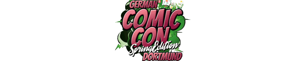 Logo der Comic Con Dortmund - Spring Edition. Der Hintergrund ist in grün gemalt und soll an Pflanzen erinnern, oben rechts sind einige Blumen. Vor dem Hintergrund steht in roten Großbuchstaben in Druckschrift German Comic Con Dortmund, wobei Comic Con etwa doppelt so groß ist als der Rest. Dortmund ist vom Rest etwas abgesetzt und über diesen Zwischenraum wurde in weißer Schreibschrift Spring Edition geschrieben. Alle Buchstaben haben einen leichten 3D-Effekt mit schwarz realisiert