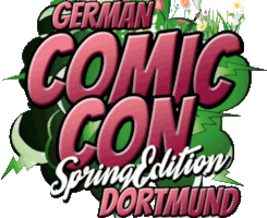 Kleines Logo der Comic Con Dortmund - Spring Edition. Der Hintergrund ist in grün gemalt und soll an Pflanzen erinnern, oben rechts sind einige Blumen. Vor dem Hintergrund steht in roten Großbuchstaben in Druckschrift German Comic Con Dortmund, wobei Comic Con etwa doppelt so groß ist als der Rest. Dortmund ist vom Rest etwas abgesetzt und über diesen Zwischenraum wurde in weißer Schreibschrift Spring Edition geschrieben. Alle Buchstaben haben einen leichten 3D-Effekt mit schwarz realisiert